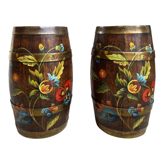 Pair Set Antique English Oak Barrel Jardinière Planter Rosemaling Hand Painted For Sale