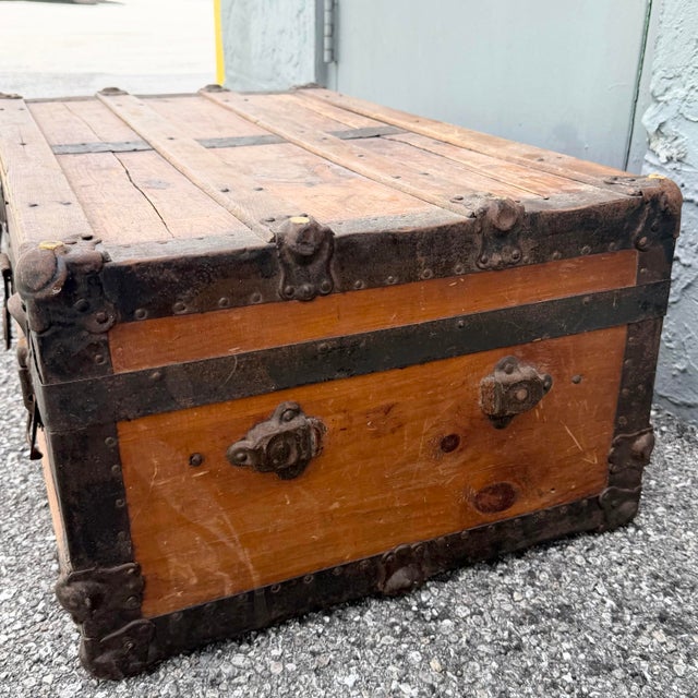 Early 20th Century Antique Low Profile Flat Top Wooden Trunk For Sale - Image 5 of 10