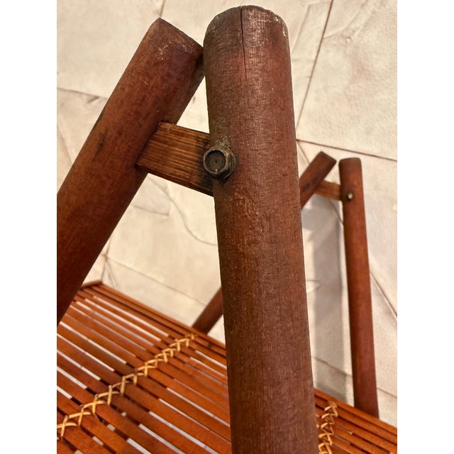 Rare Mid-Century Style Bamboo, Rattan Foldable Wall, Book Shelf, Étagère With 4 Graduated Tiers in a Sculptural a-Frame Form For Sale In San Antonio - Image 6 of 12