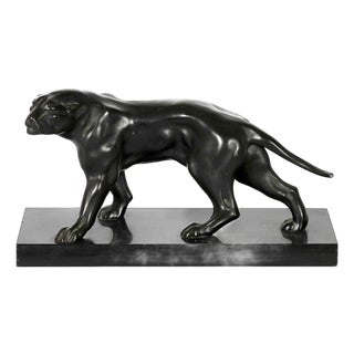 Jacques Limousin, French Art Deco Panther Patinated Sculpture, 1940s, Metal on Marble Base For Sale
