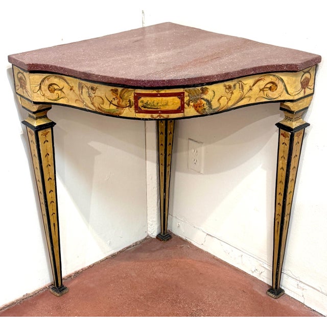 Pair 18th-Century Neapolitan Painted Corner Console Tables, Faux Porphyry Tops For Sale - Image 11 of 18