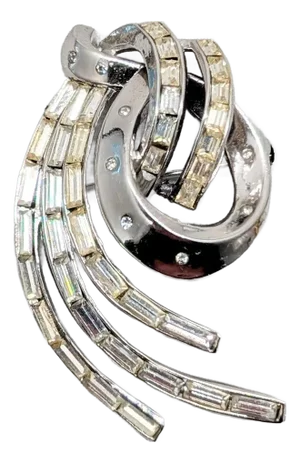 Vintage Signed Crown Trifari "Comet" Rhodium Plated Rhinestone Brooch, 1953 Ad Piece