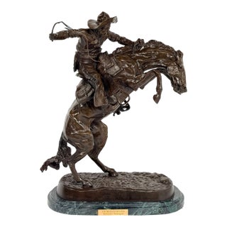 Late 20th Century Frederic Remington Style “The Bronco Buster” Bronze Western Sculpture on Marble Base For Sale