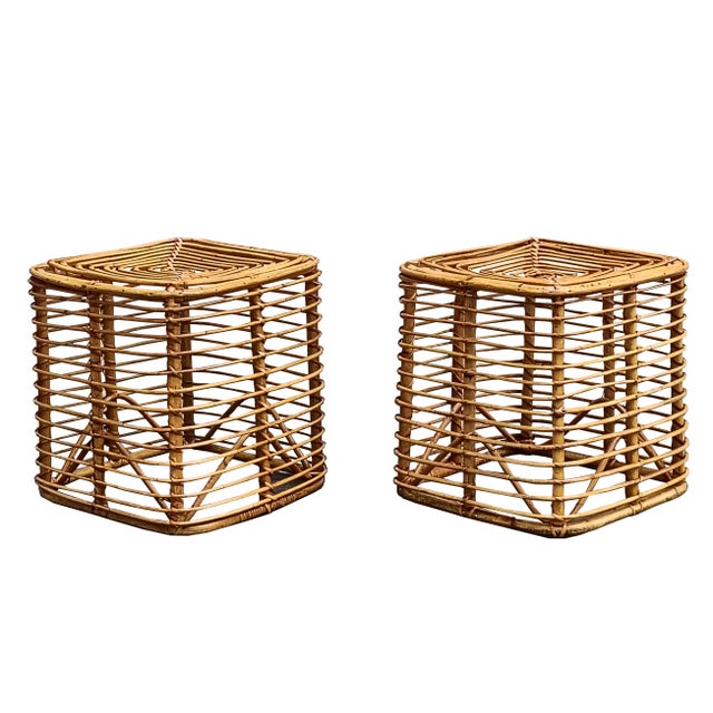 Square Rattan and Bamboo Stools by Tito Agnoli, Italy, 1960s, Set of 2 For Sale - Image 6 of 7