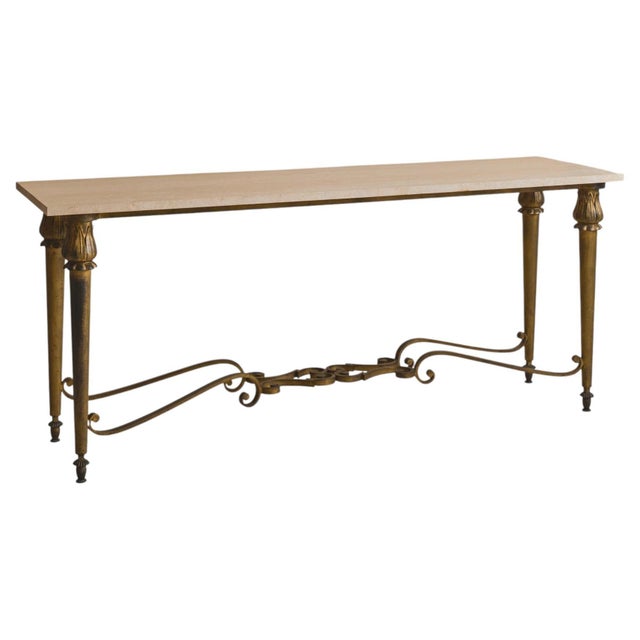 A 20th century bronze and travertine console sourced from the prestigious InterContinental Paris Le Grand overlooking...