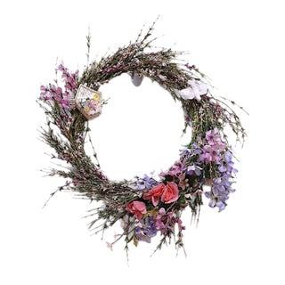 Field of Flowers Spring Summer Door Wreath 18" Crochet Feather Bird House Wall For Sale