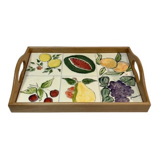 Vintage Hand Painted Tile " Fruit Salad" and Wood Serving Tray With Inset Handles For Sale