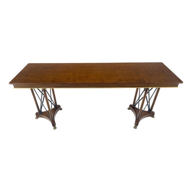 Very Fine Double Pedestal Base 72" Long Sofa Console Table Brass Claw Feet For Sale