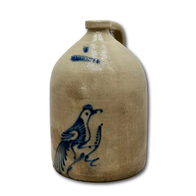 Ceramic Excellent Large 3 Gallon Size Antique 1870s American Blue Bird Decorated Stoneware Jug by Whites in Utica New York For Sale - Image 7 of 18