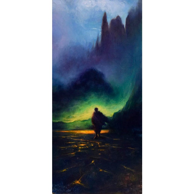 This oil on panel artwork depicts a solitary figure walking along a path, enveloped in a dreamlike landscape characterized...