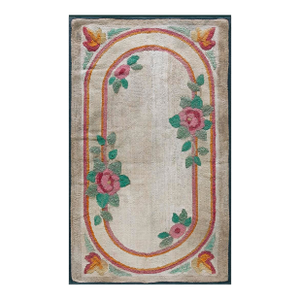 Interesting Tan Beige With Unique Oval and Florid Design Antique American Hooked Rug