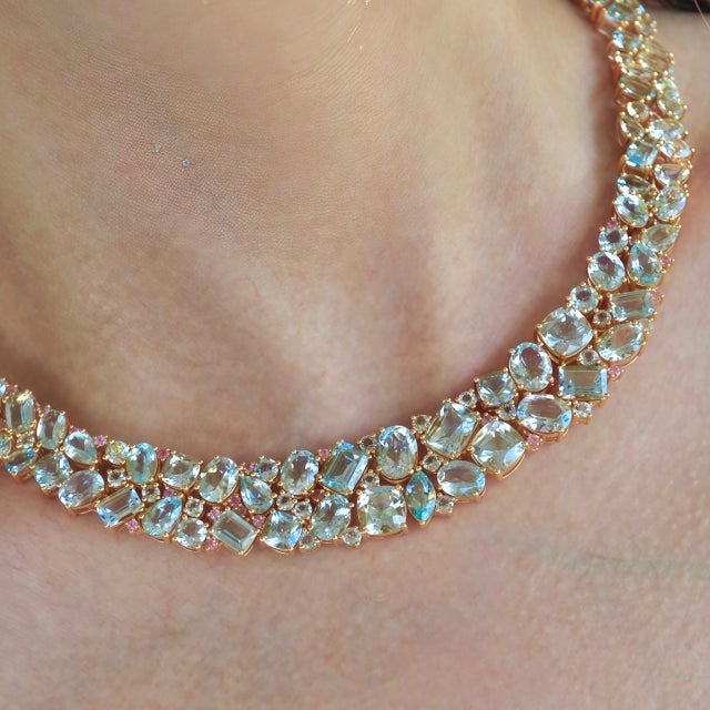 Not Yet Made - Made To Order Nina Zhou Ocean Life Aquamarine, Topaz & Pink Sapphire Collar Necklace in 14k Gold For Sale - Image 5 of 8