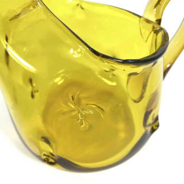 Glass Mid Century Modern Amber Art Glass Pitcher With Pinched Hand Blown Glass and a Large Lip For Sale - Image 7 of 9