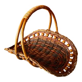 Vintage Gathering Basket With Decorative Bead Accents Wicker & Wood For Sale