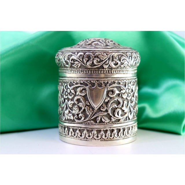 Metal Silver Pot with Floral Reliefs and Monogram Plaque on the Removable Lid For Sale - Image 7 of 9
