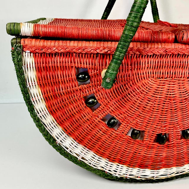 Wood 1980s Vintage Boho Chic Arts & Crafts Trompe L’Oeil Watermelon Wicker Picnic Basket. For Sale - Image 7 of 18
