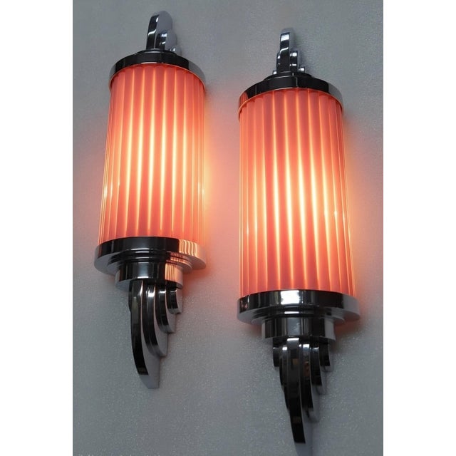 1940s Vintage Skyscraper Art Deco Light Old Lamp Wall Sconces Fixture Nickel Brass & Pink Glass Rod Ship Light - Pair For Sale - Image 5 of 5
