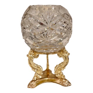 Barski Crystal Clear Votive Rose Bowl Candle Holder With Godinger Gold Brass Stand For Sale