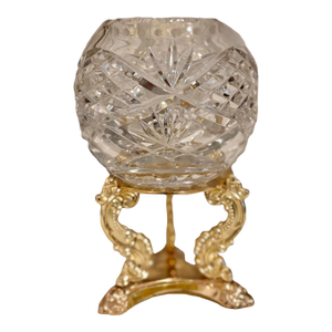 Barski Crystal Clear Votive Rose Bowl Candle Holder With Godinger Gold Brass Stand