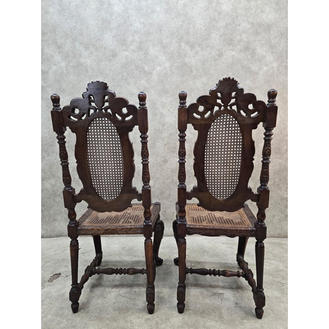 Early 20th Century Antique Jacobean Renaissance Revival Carved Oak Cane Throne Chairs - Pair For Sale - Image 5 of 12