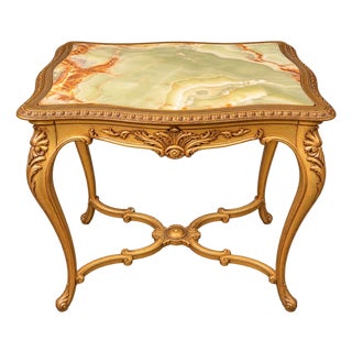Antique French Louis XVI-Style Giltwood Side Table With Natural Green Onyx Top For Sale