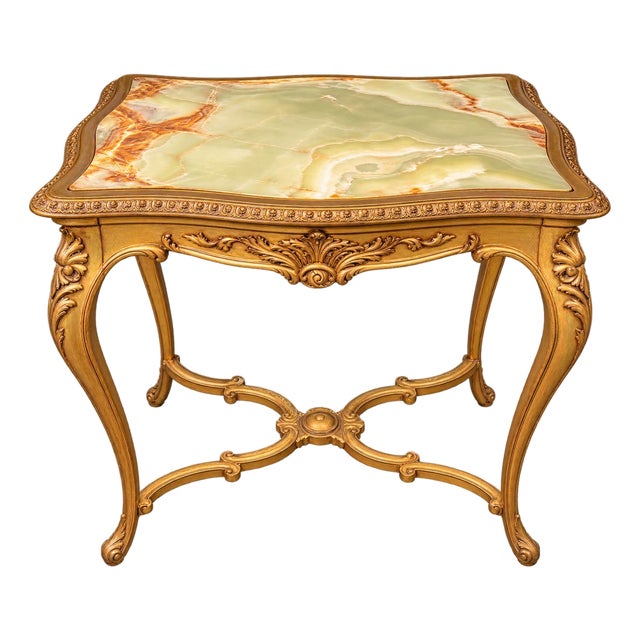 Antique French Louis XVI-Style Giltwood Side Table With Natural Green Onyx Top For Sale