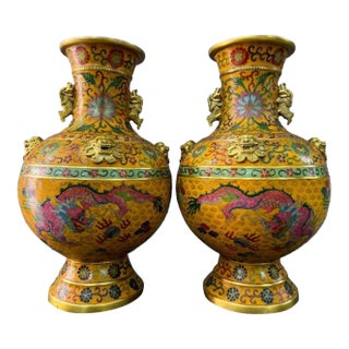 Mid 20th Century Monumental Pair of Yellow Cloisonné Enamel Dragon Vases For Sale