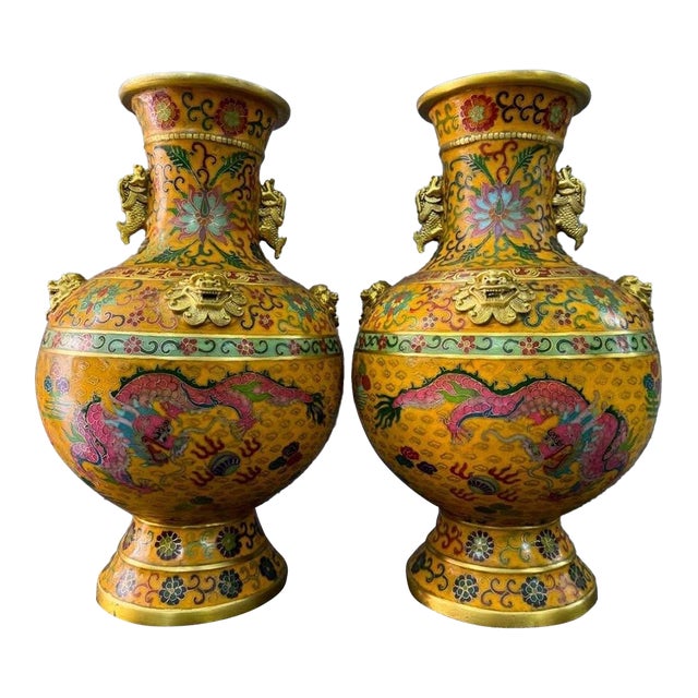 Mid 20th Century Monumental Pair of Yellow Cloisonné Enamel Dragon Vases For Sale