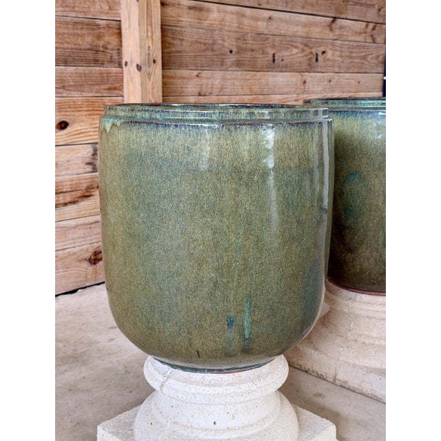 Traditional Large Green Drip Glaze Ceramic Planters on Cast Stone Pedestals-Pair For Sale - Image 3 of 12