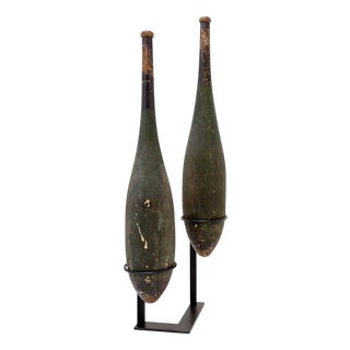 Vintage Tall Wooden Exercise Clubs on Base, Set of 2 For Sale