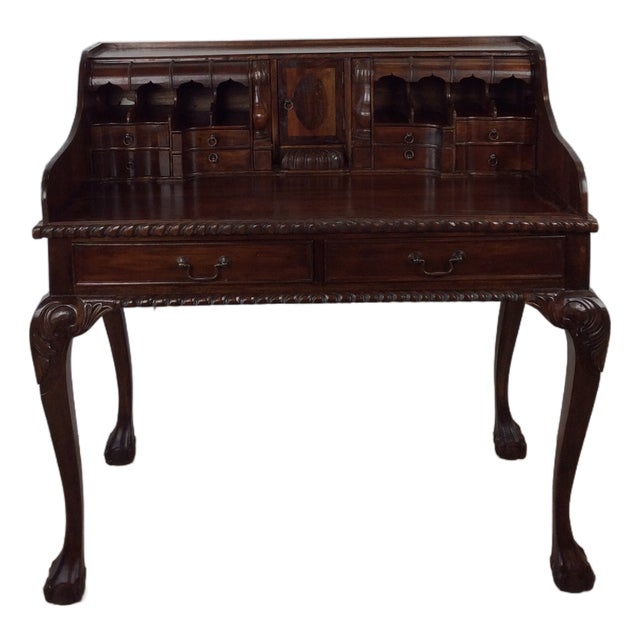 Vintage Walnut Chippendale Style Open Front Writing Desk With Brass Hardware For Sale