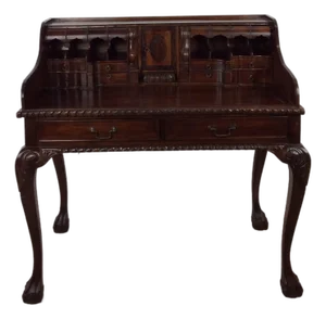 Vintage Walnut Chippendale Style Open Front Writing Desk With Brass Hardware