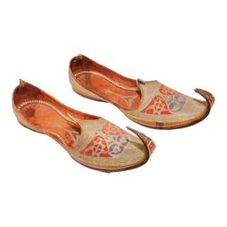 Antique Leather Mughal Shoes With Gold Embroidered For Sale