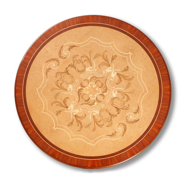 Italian Italian Round Marquetry Dining Table With Olive Ash Veneer & Gold Leaf Pedestal For Sale - Image 3 of 5