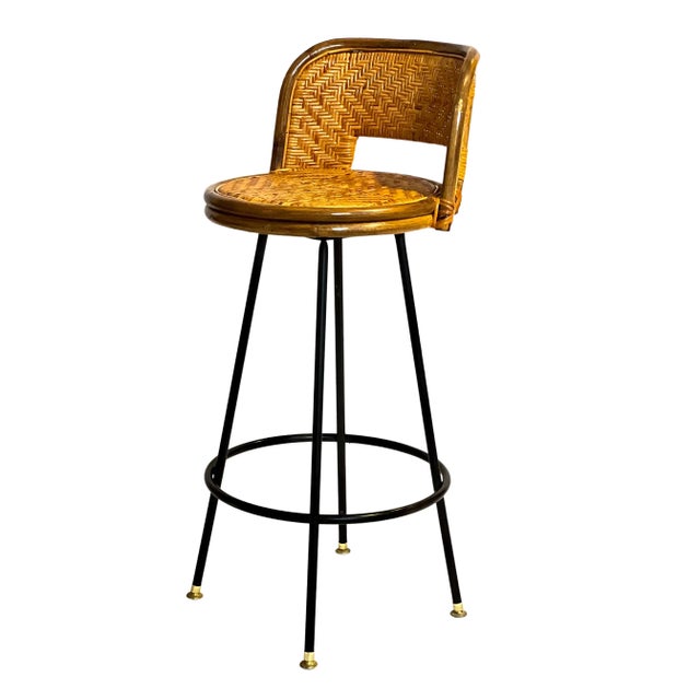 Vintage Mid 20th Century Bamboo and Rattan Swivel Bar Stool For Sale - Image 10 of 10