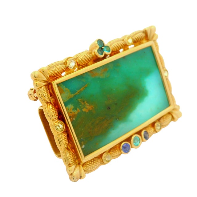 21.75 Carat Opal Sapphire Paraiba 18k Yellow Gold Portrait Brooch-Pendant For Sale - Image 4 of 6