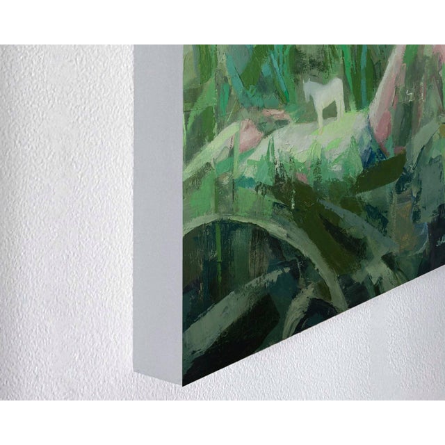Submergence by Shelli Langdale | Oil on gallery panel depicting a figure lying in grass with a white animal. For Sale - Image 4 of 5