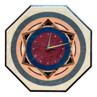 80s Valentino Italian Postmodern Inlaid Wood Marquetry Wall Clock Memphis Design Era For Sale