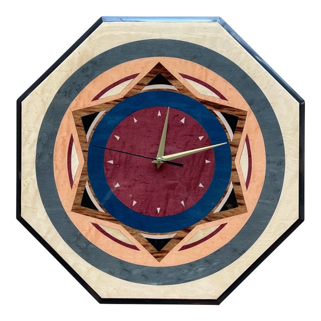 80s Valentino Italian Postmodern Inlaid Wood Marquetry Wall Clock Memphis Design Era For Sale