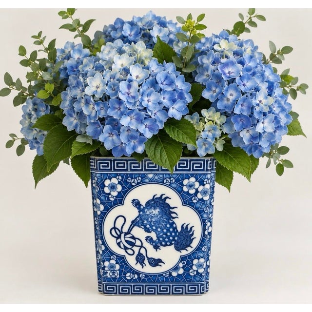 Japanese Vintage Chinoiserie Blue and White Porcelain Foo Dog Flower Frog For Sale - Image 3 of 11