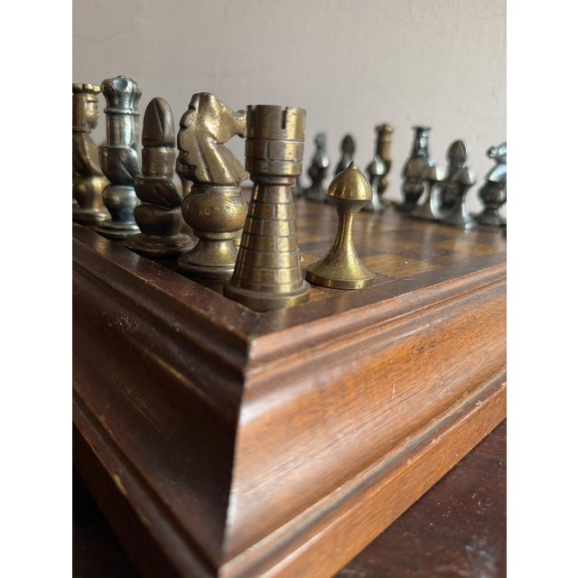 Mid-Century Medieval-Style Cast Metal Chess Set With Hardwood Board and Hand-Carved Storage Box For Sale - Image 4 of 14