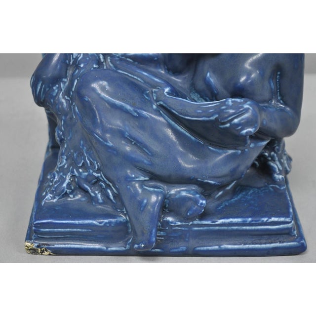 Rookwood Pottery Antique Rookwood Blue Glazed Ceramic Nude Female Figure Reading Book Bookend For Sale - Image 4 of 16