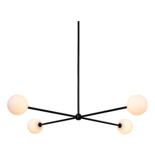 Globe Chandelier 4, Black, 33.5in H, 5 Inch Glass Globes, by Research.Lighting, Modern, Minimal Hanging Light For Sale