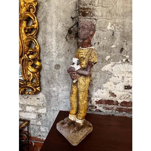 Brown Primitive Cement Sculpture of Boy with Dog, USA, 1945 For Sale - Image 8 of 9
