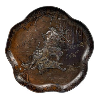 Antique Japanese Meiji Copper Samurai Warrior Catchall Dish For Sale