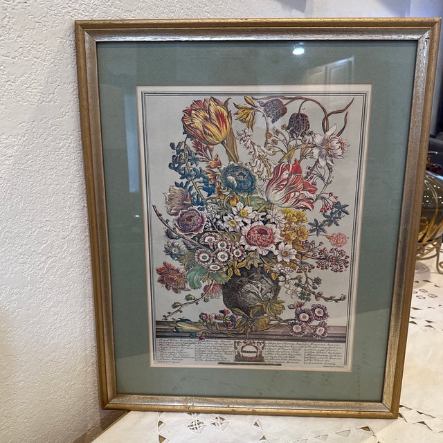 Mid 18th Century Vintage Reproduction Print March Floral Calendar For Sale - Image 5 of 10