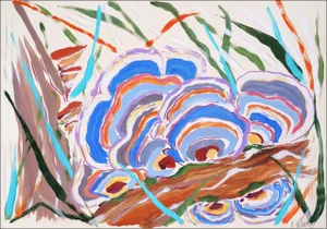 2024, Fauvist Forest Scene of "Turkey Tail Mushrooms in Blue", Acrylic Painting and India Ink on Watercolor Paper by Romina Milano