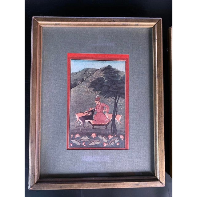 19th Century Pair of Framed Persian Miniature Paintings - Mughal Style Horseback & Hunt Scene For Sale - Image 4 of 11
