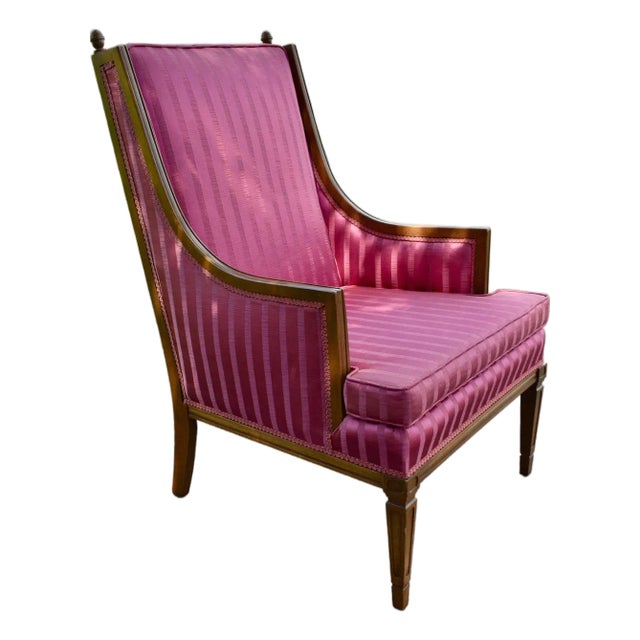 Bergere Armchair Hollywood Regency Style Pink Magenta Striped Satin Accent Chair For Sale