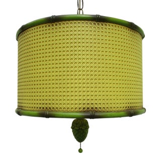 1960s Faux Bamboo & Pineapple Green and Yellow Swag Lamp Pendant Light For Sale